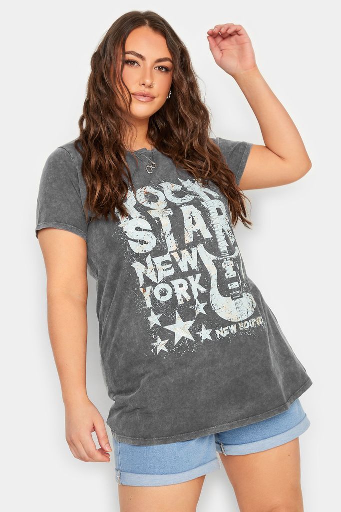 Curve Grey Acid Wash 'Rock Star' Printed Tshirt, Women's Curve & Plus Size, Yours