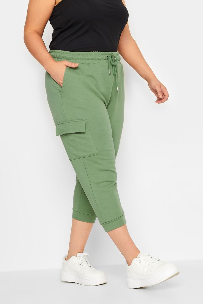 Curve Sage Green Cargo Pocket Cropped Joggers, Women's Curve & Plus Size, Yours