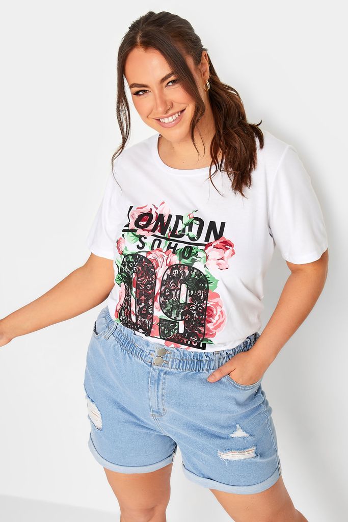 Curve White Acid Wash 'London' Rose Print Tshirt, Women's Curve & Plus Size, Yours