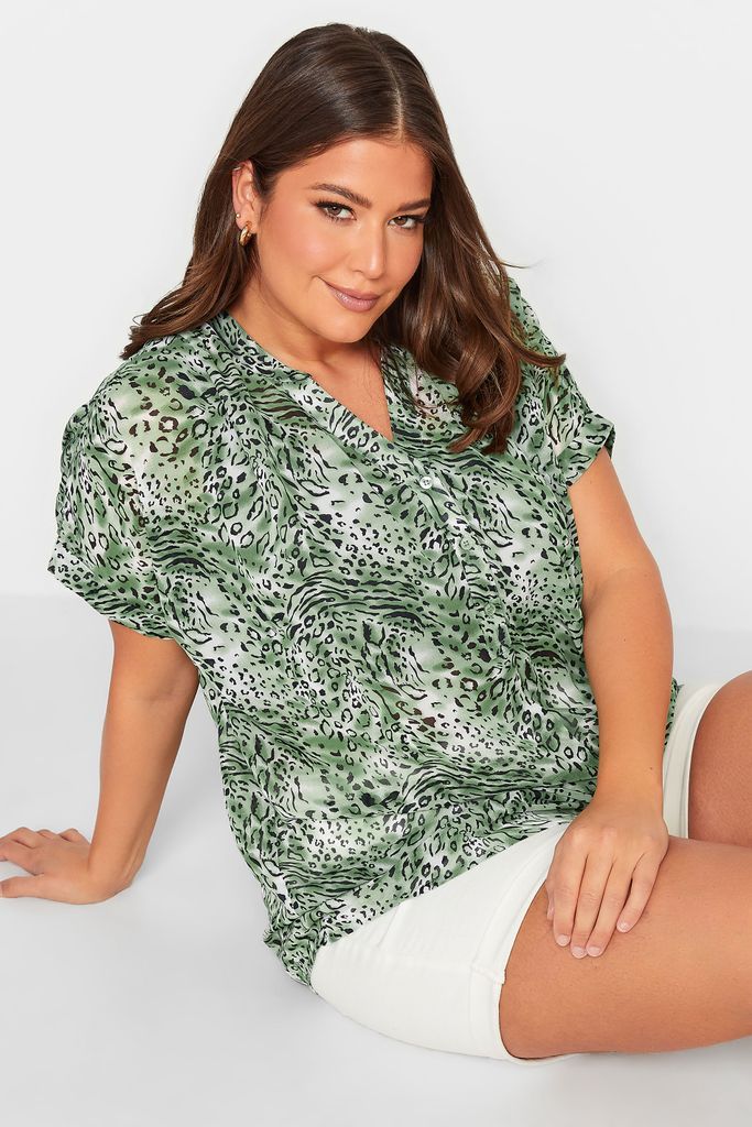 Curve Khaki Green Animal Print Half Placket Shirt, Women's Curve & Plus Size, Yours