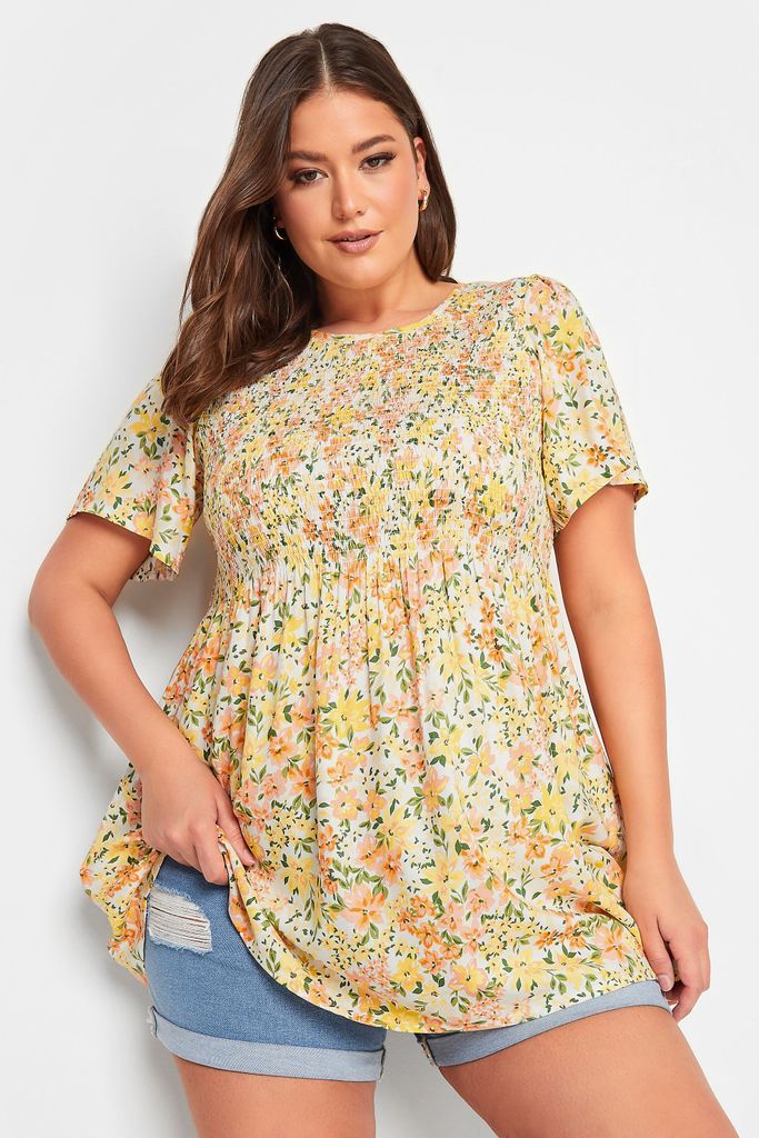 Curve Yellow Floral Print Shirred Top, Women's Curve & Plus Size, Yours