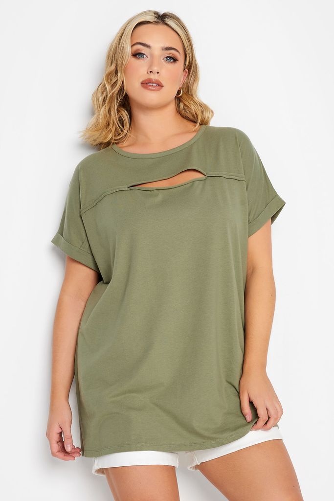 Curve Khaki Green Cut Out Tshirt, Women's Curve & Plus Size, Yours