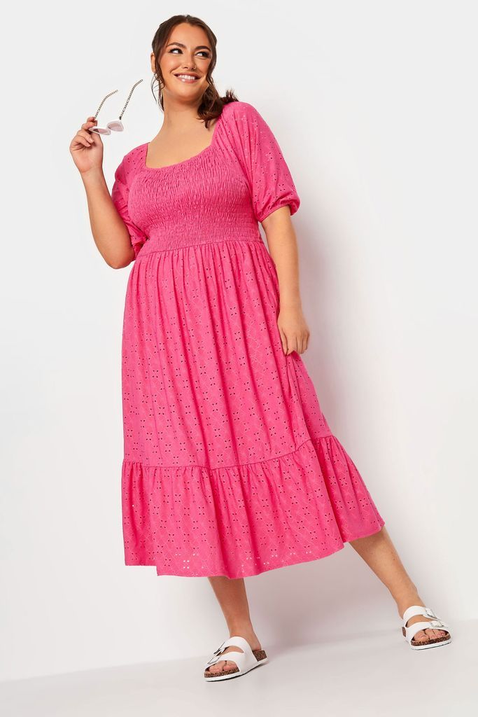 Curve Pink Shirred Broderie Anglaise Midaxi Dress, Women's Curve & Plus Size, Yours