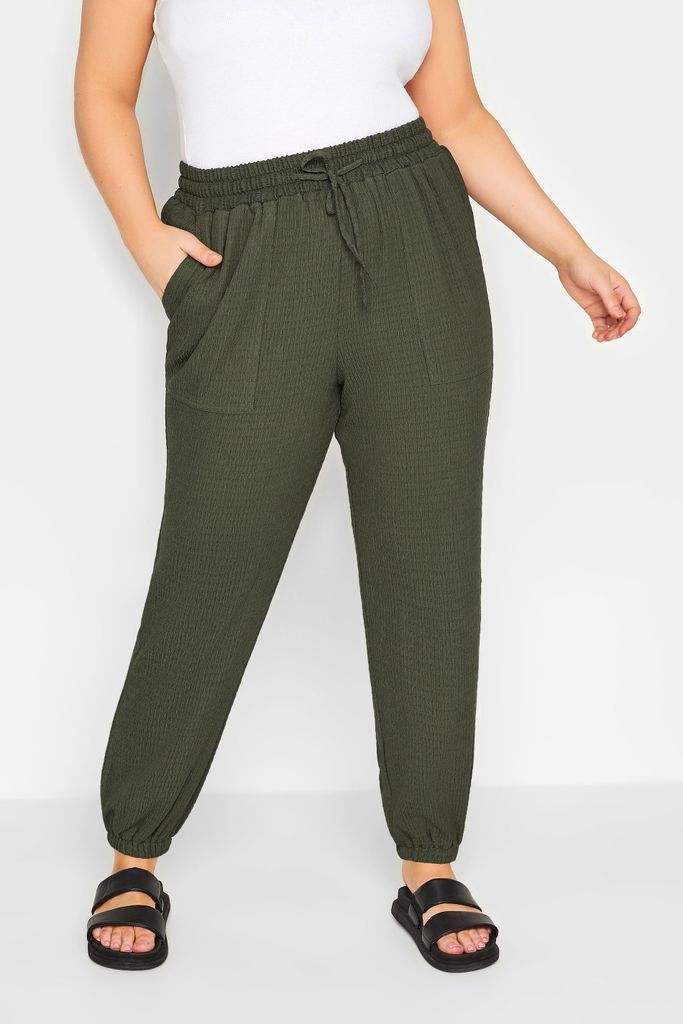 Curve Khaki Green Crinkle Cargo Joggers, Women's Curve & Plus Size, Yours