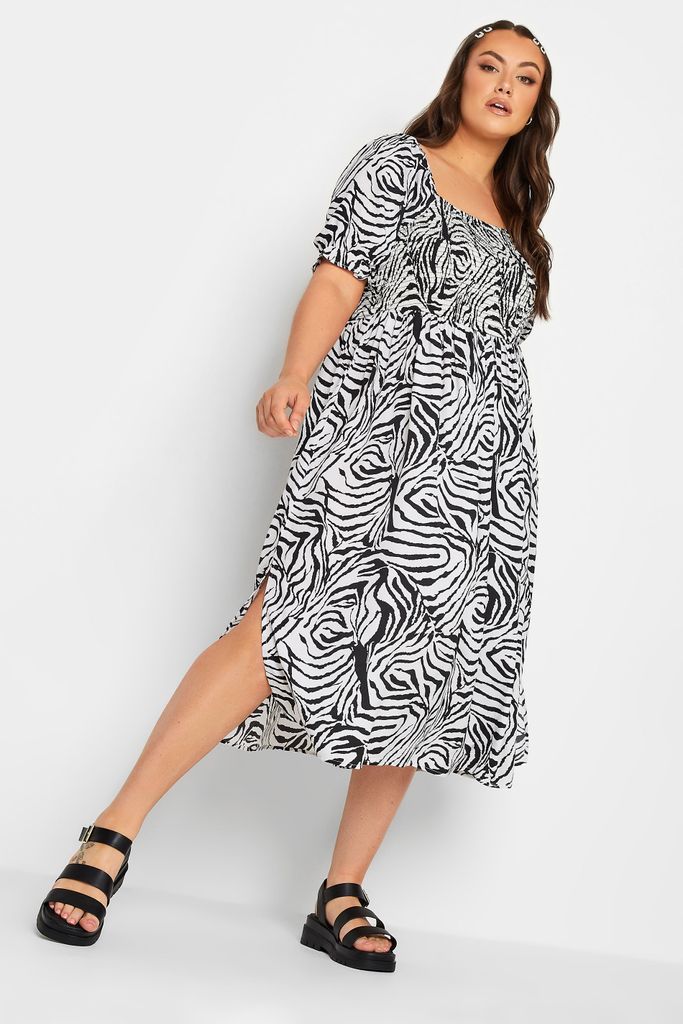 Curve Black & White Zebra Print Shirred Midaxi Dress, Women's Curve & Plus Size, Yours