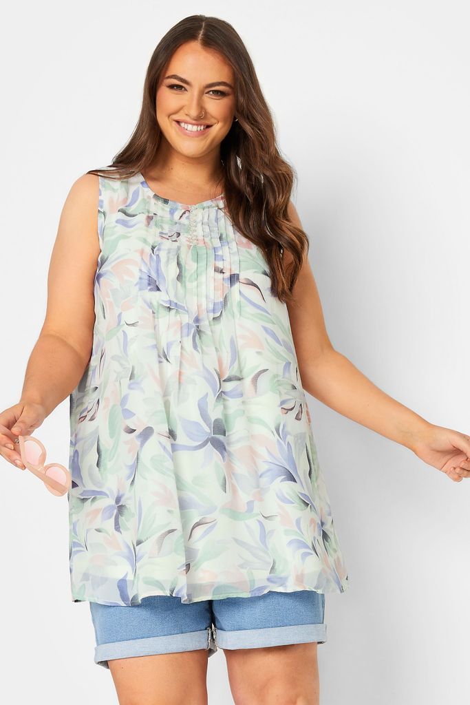 Curve Light Green Floral Pintuck Sleeveless Blouse, Women's Curve & Plus Size, Yours