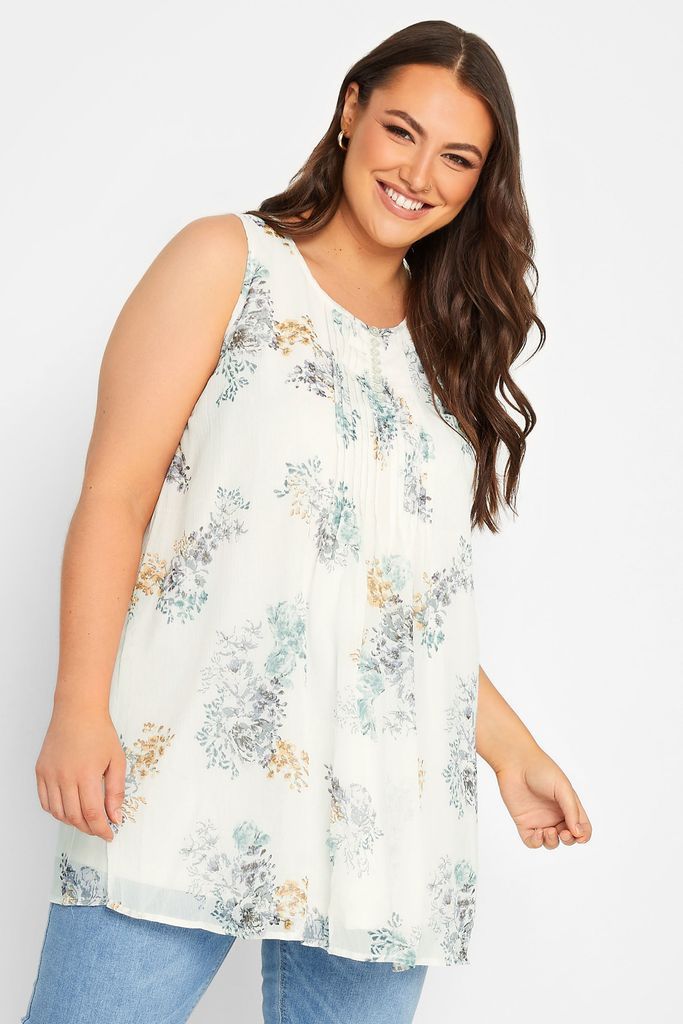 Curve White Floral Pintuck Sleeveless Blouse, Women's Curve & Plus Size, Yours