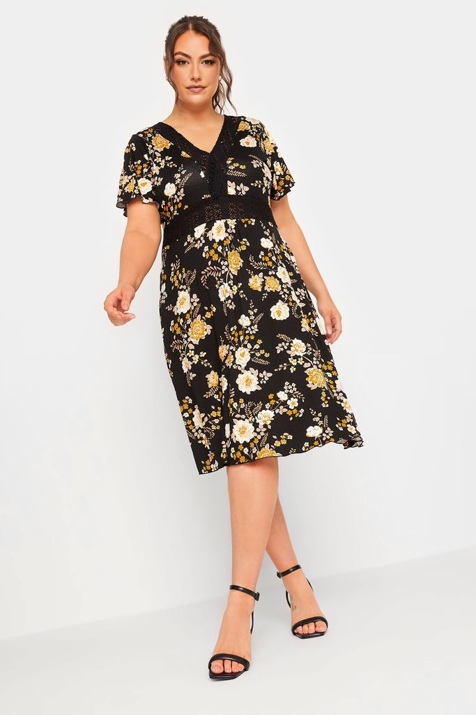 Curve Black Floral Print Lace Detail Dress, Women's Curve & Plus Size, Yours