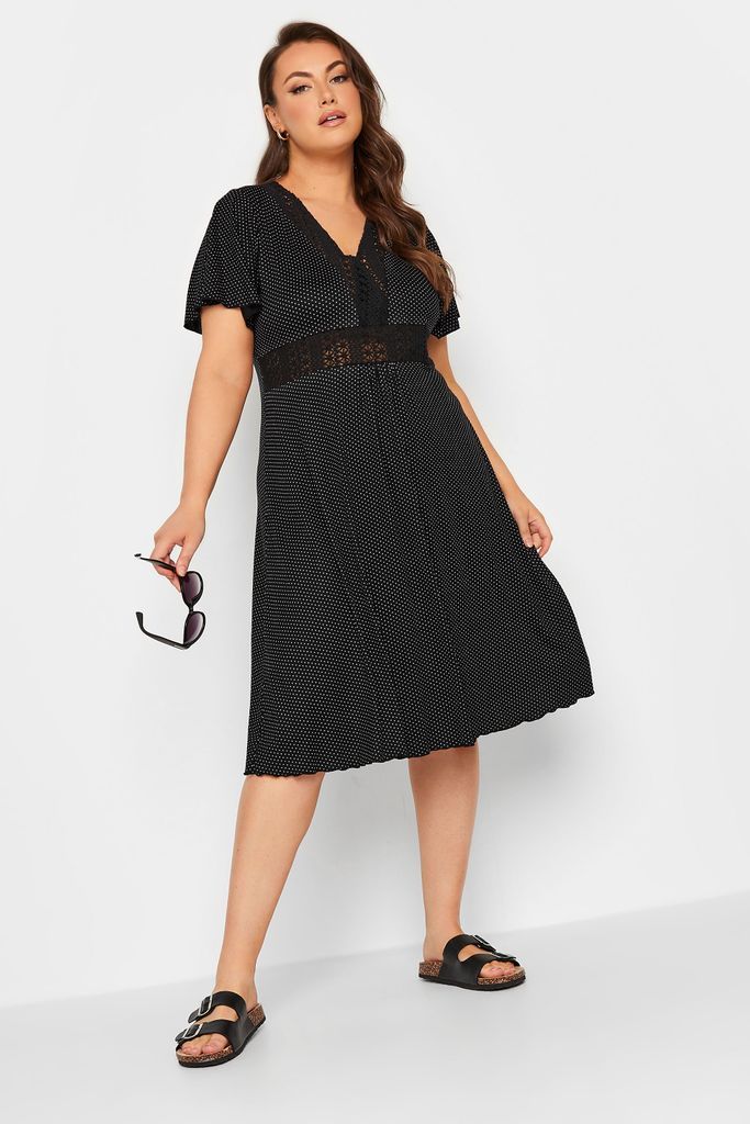 Curve Black Polka Dot Print Lace Detail Dress, Women's Curve & Plus Size, Yours