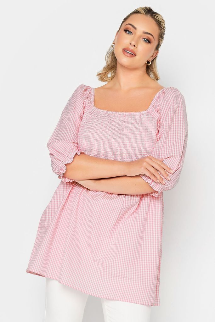 Curve Pink Gingham Print Square Neck Shirred Top, Women's Curve & Plus Size, Yours