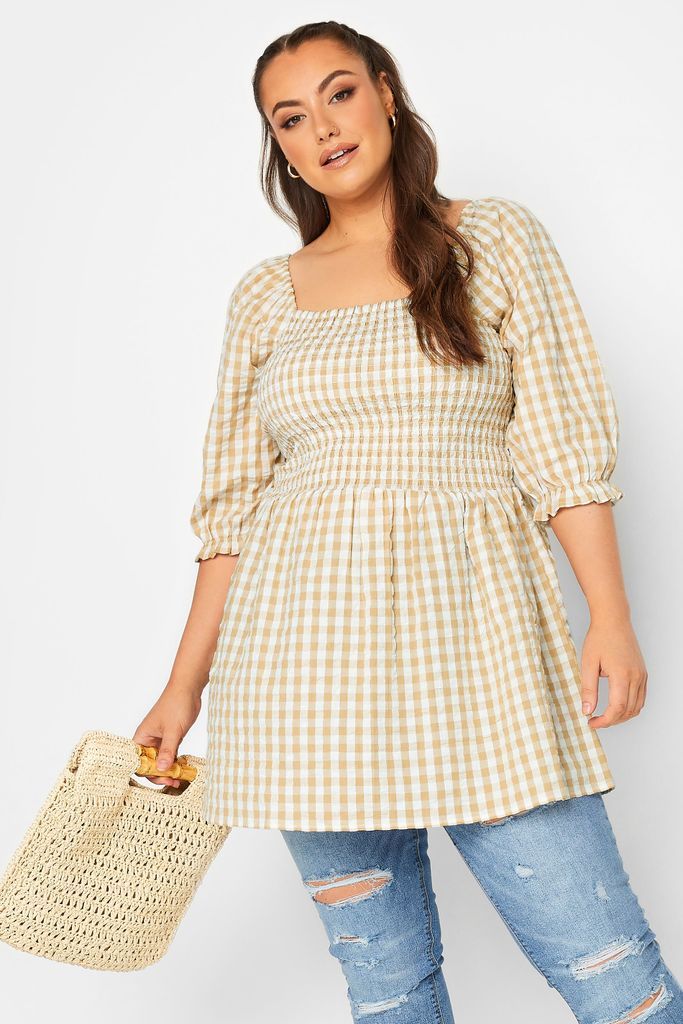 Curve Natural Brown Gingham Print Square Neck Shirred Top, Women's Curve & Plus Size, Yours
