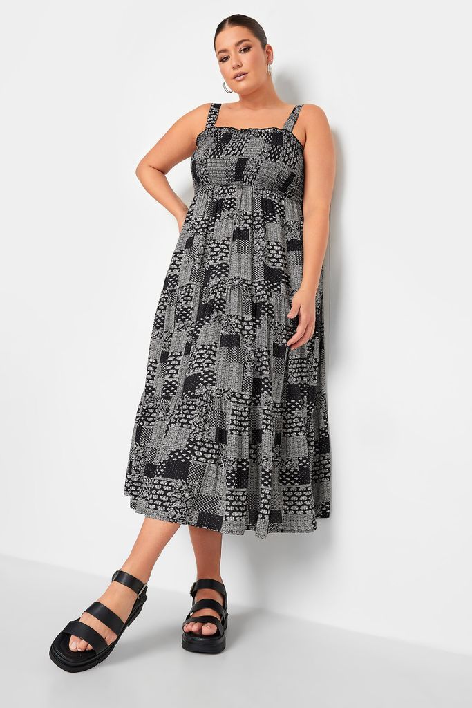 Curve Black Patchwork Print Shirred Strappy Sundress, Women's Curve & Plus Size, Yours