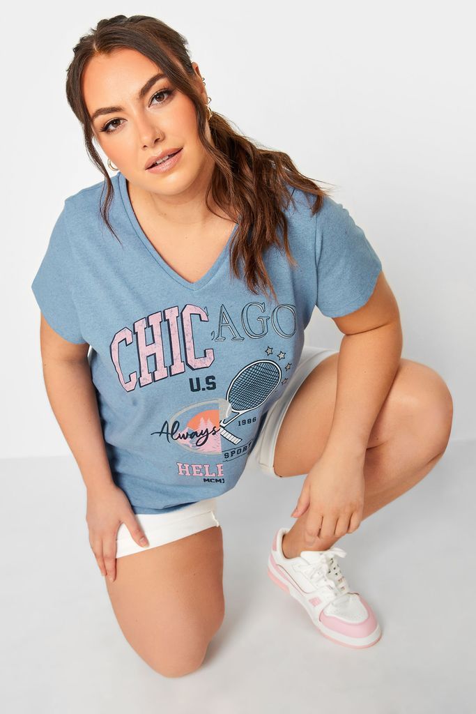 Curve Blue 'Chicago' Printed Vneck Tshirt, Women's Curve & Plus Size, Yours