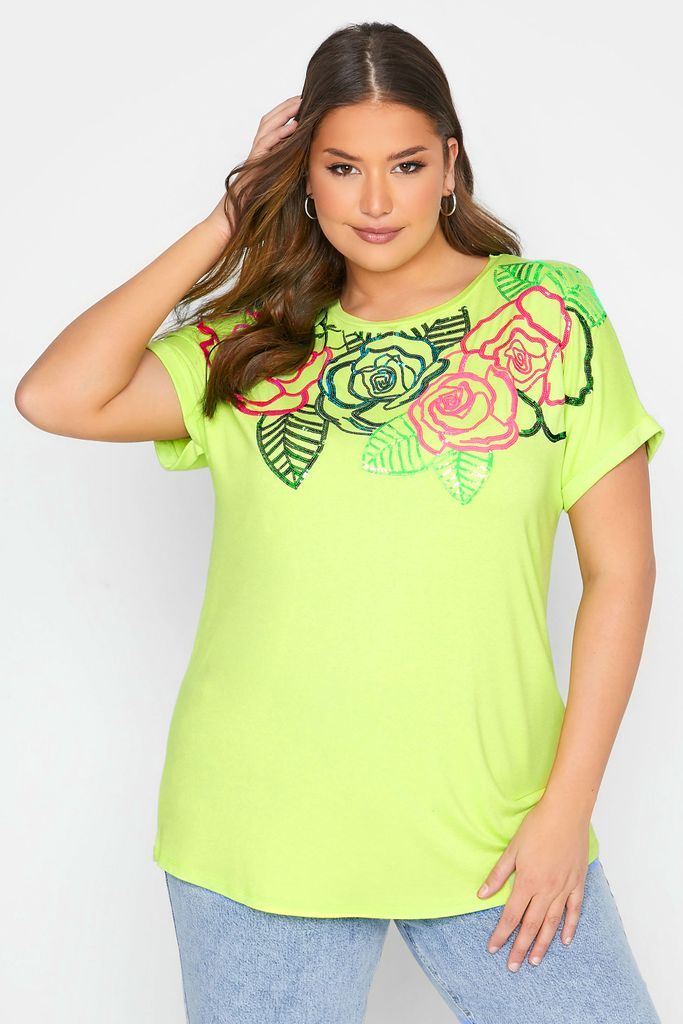 Curve Lime Green Floral Embellished Sequin Tshirt, Women's Curve & Plus Size, Yours