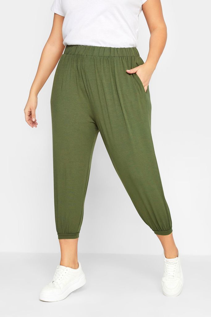 Curve Khaki Green Cropped Jersey Harem Joggers, Women's Curve & Plus Size, Yours
