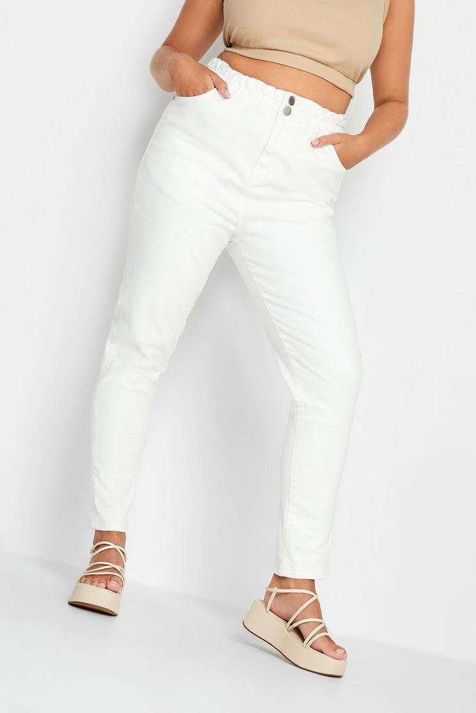 Curve White Stretch Elasticated Waist Mom Jeans, Women's Curve & Plus Size, Yours