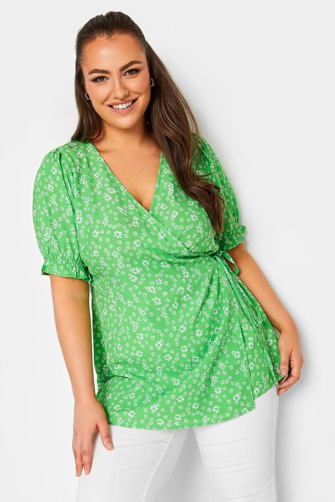 Curve Green Floral Print Wrap Top, Women's Curve & Plus Size, Yours