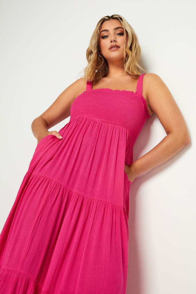 Curve Hot Pink Shirred Strappy Sundress, Women's Curve & Plus Size, Yours