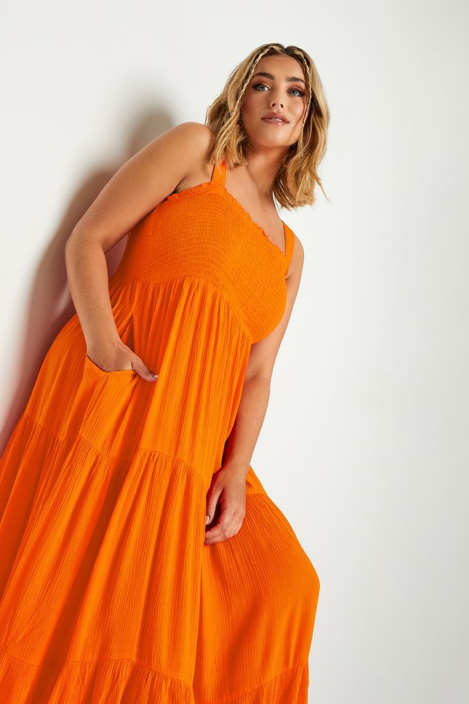 Curve Orange Shirred Strappy Sundress, Women's Curve & Plus Size, Yours