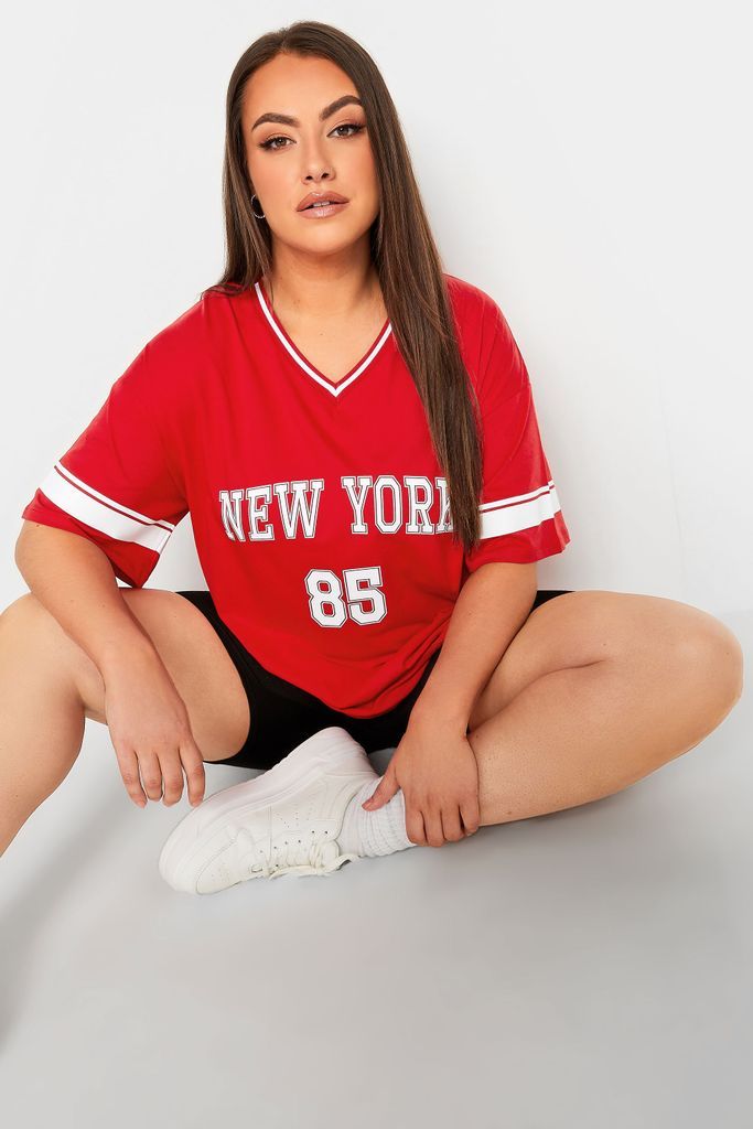 Curve Red 'New York' Slogan Varsity Tshirt, Women's Curve & Plus Size, Yours