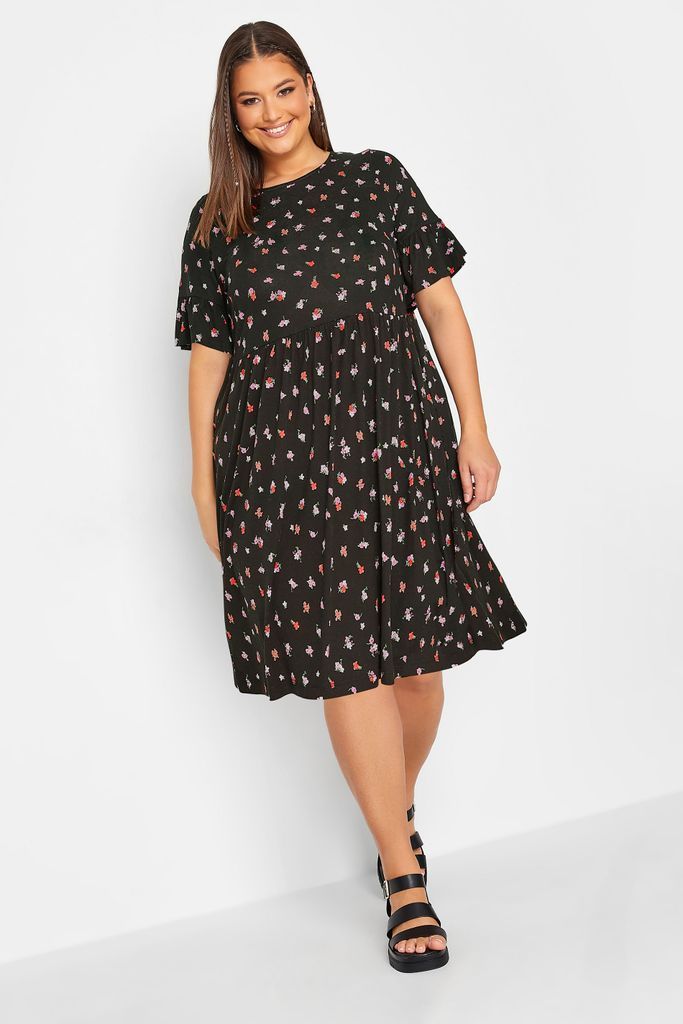 Curve Black & Pink Ditsy Floral Print Smock Tunic Dress, Women's Curve & Plus Size, Yours