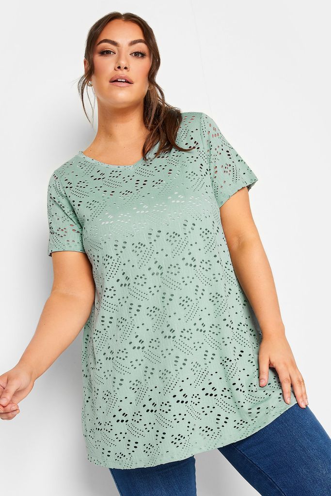 Curve Sage Green Broderie Anglaise Swing Tshirt, Women's Curve & Plus Size, Yours