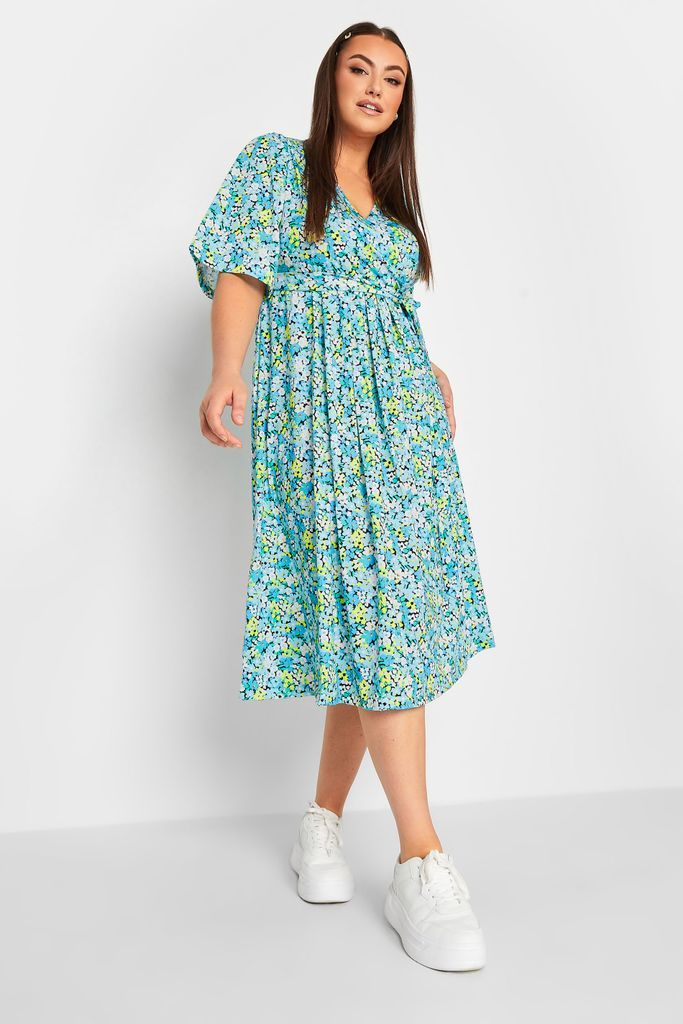 Curve Blue Floral Print Wrap Midi Dress, Women's Curve & Plus Size, Limited Collection