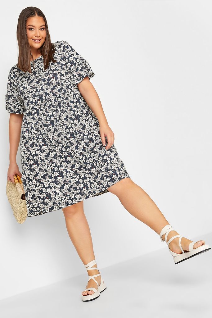Curve Navy Blue Ditsy Floral Print Smock Tunic Dress, Women's Curve & Plus Size, Yours
