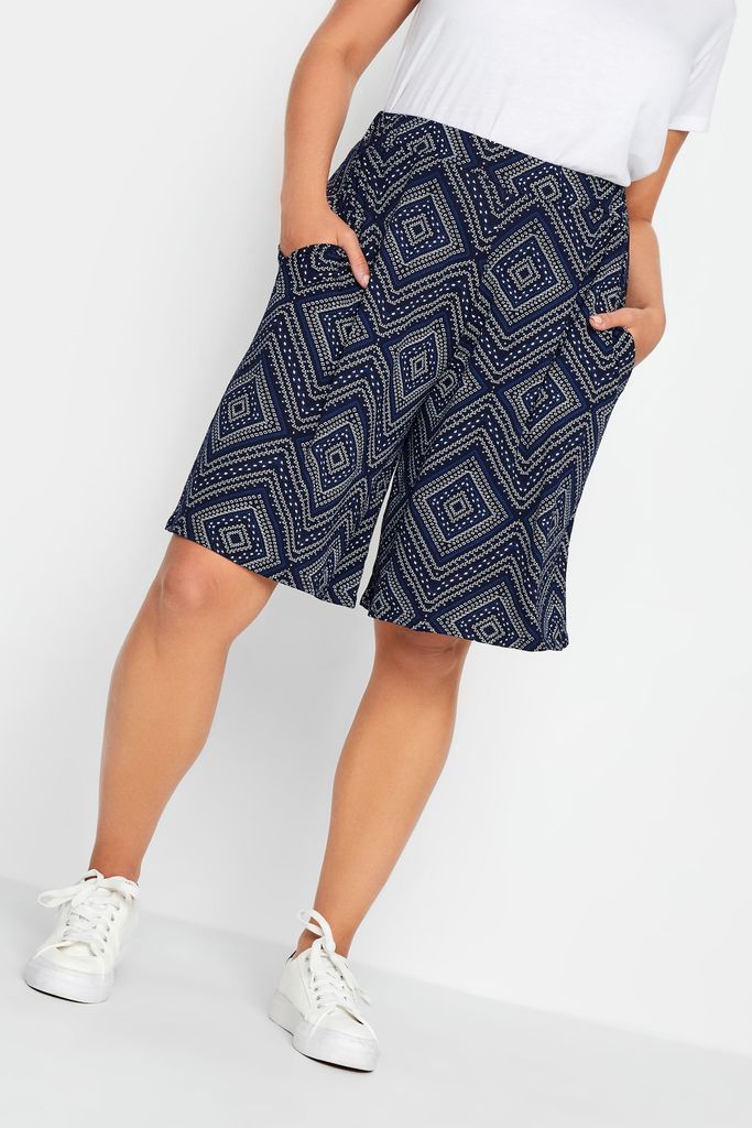 Curve Navy Blue Aztec Print Jersey Shorts, Women's Curve & Plus Size, Yours