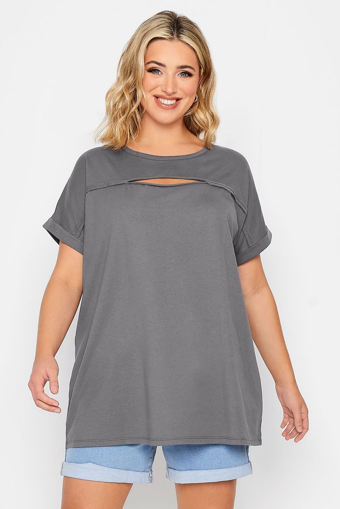 Curve Grey Cut Out Tshirt, Women's Curve & Plus Size, Yours