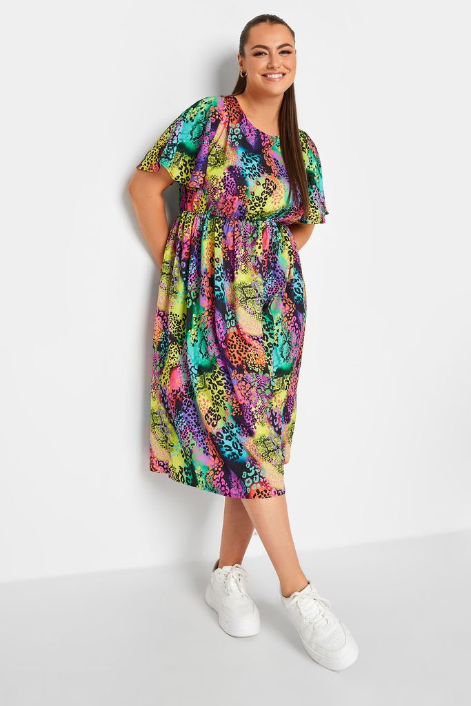 Curve Black Rainbow Leopard Print Midi Dress, Women's Curve & Plus Size, Limited Collection