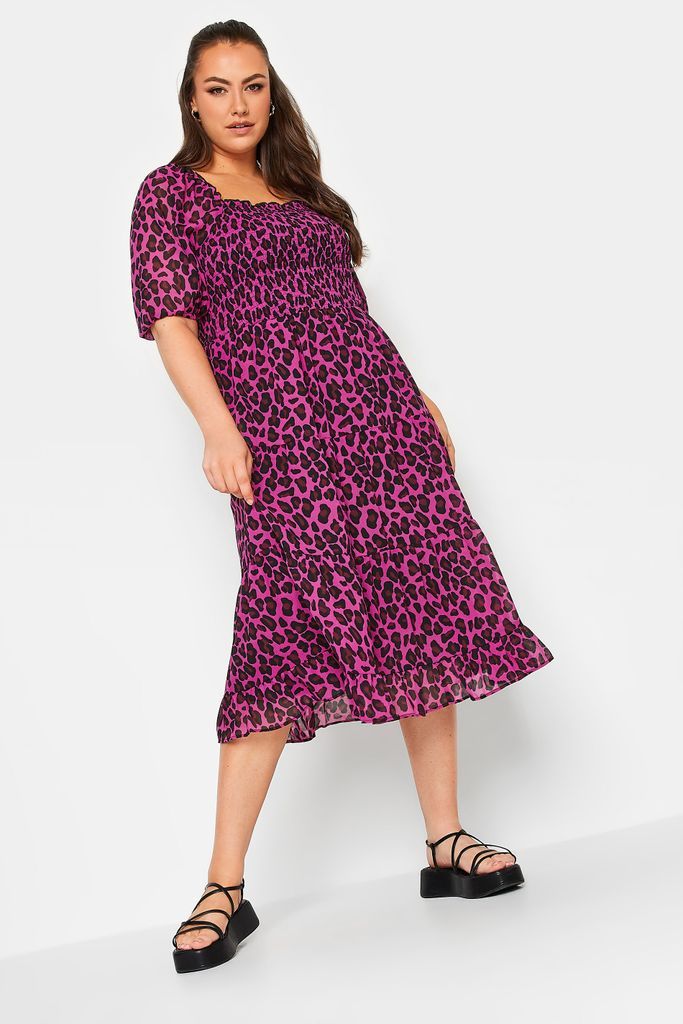 Curve Hot Pink Leopard Print Midi Shirred Dress, Women's Curve & Plus Size, Yours