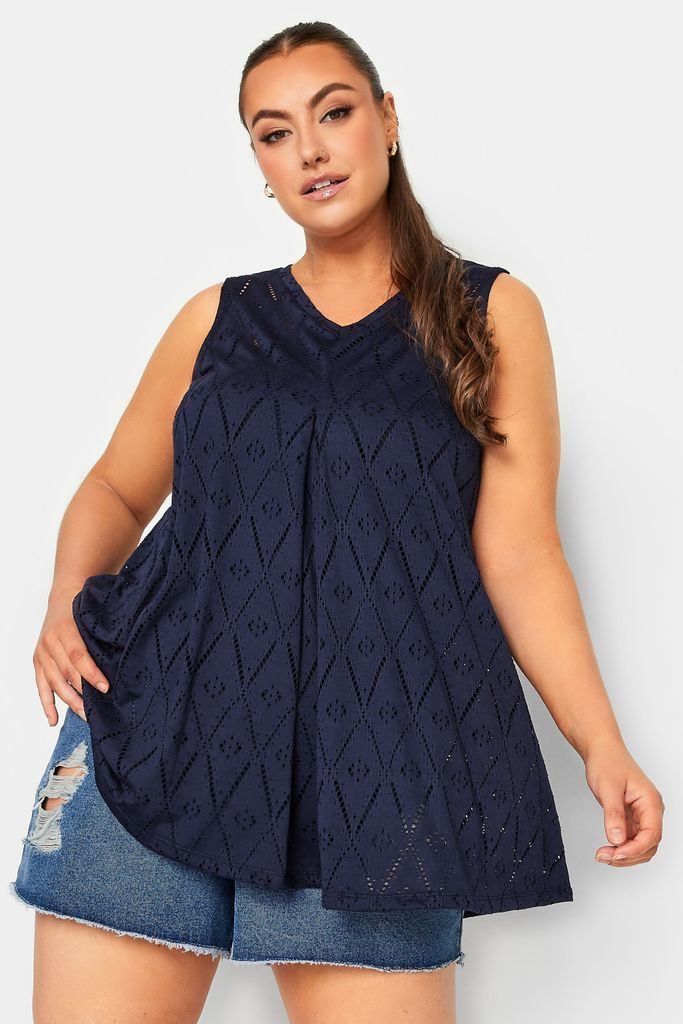 Curve Navy Blue Broderie Anglaise Pleated Vest Top, Women's Curve & Plus Size, Yours