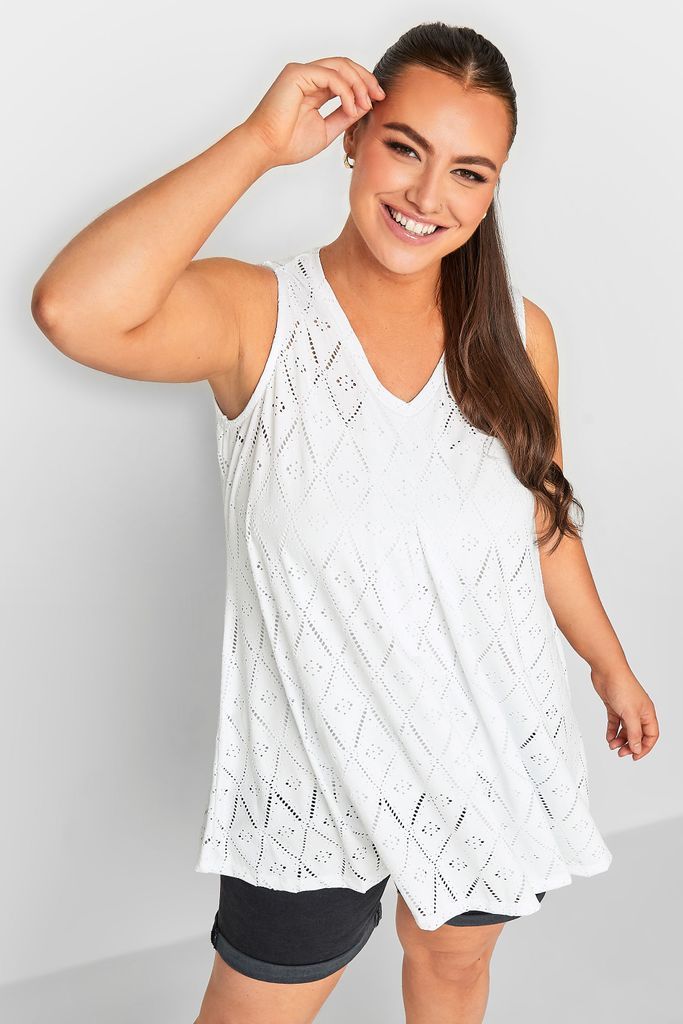 Curve White Broderie Anglaise Pleated Vest Top, Women's Curve & Plus Size, Yours