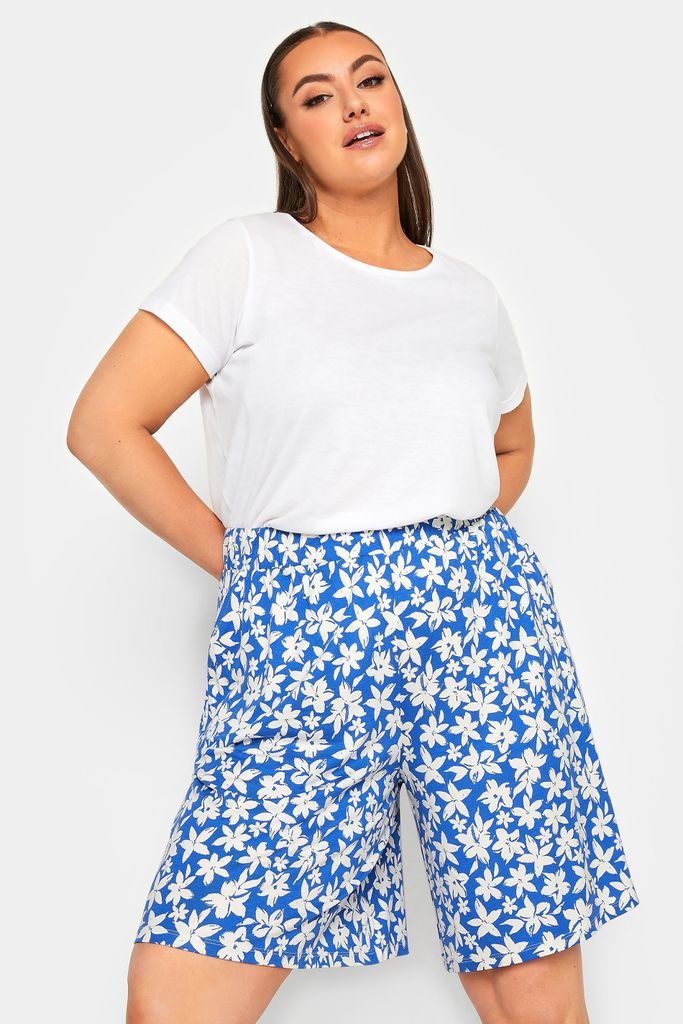 Curve Blue Floral Print Pull On Shorts, Women's Curve & Plus Size, Yours
