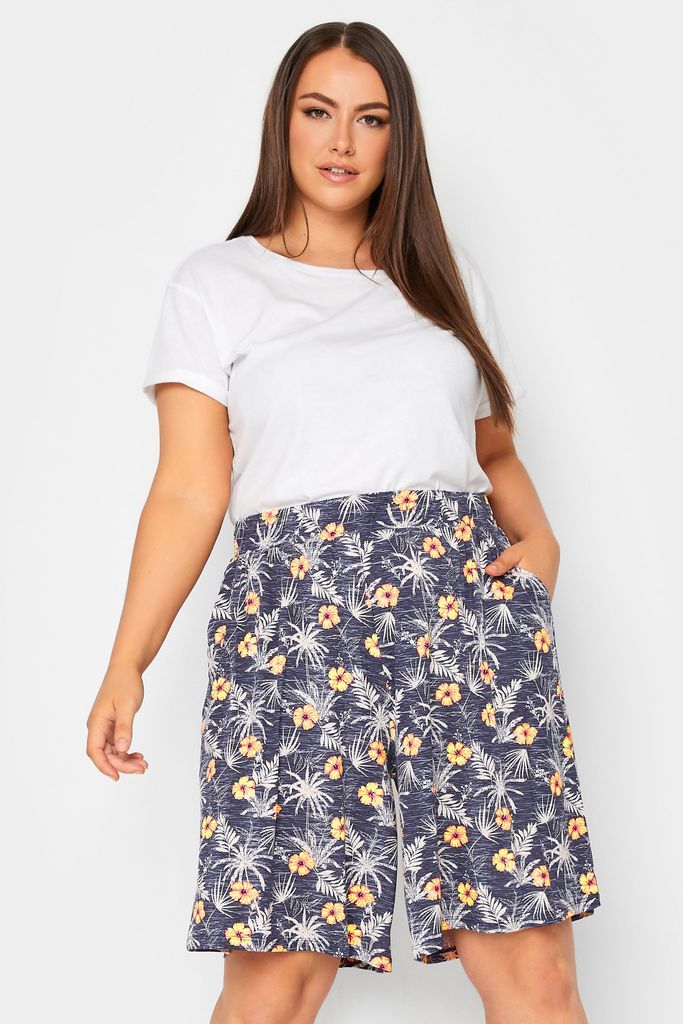 Curve Blue Tropical Print Pull On Shorts, Women's Curve & Plus Size, Yours