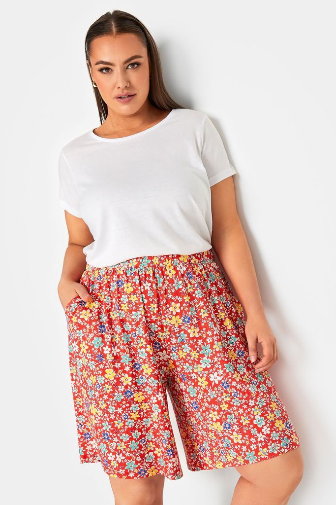 Curve Red Floral Print Pull On Shorts, Women's Curve & Plus Size, Yours