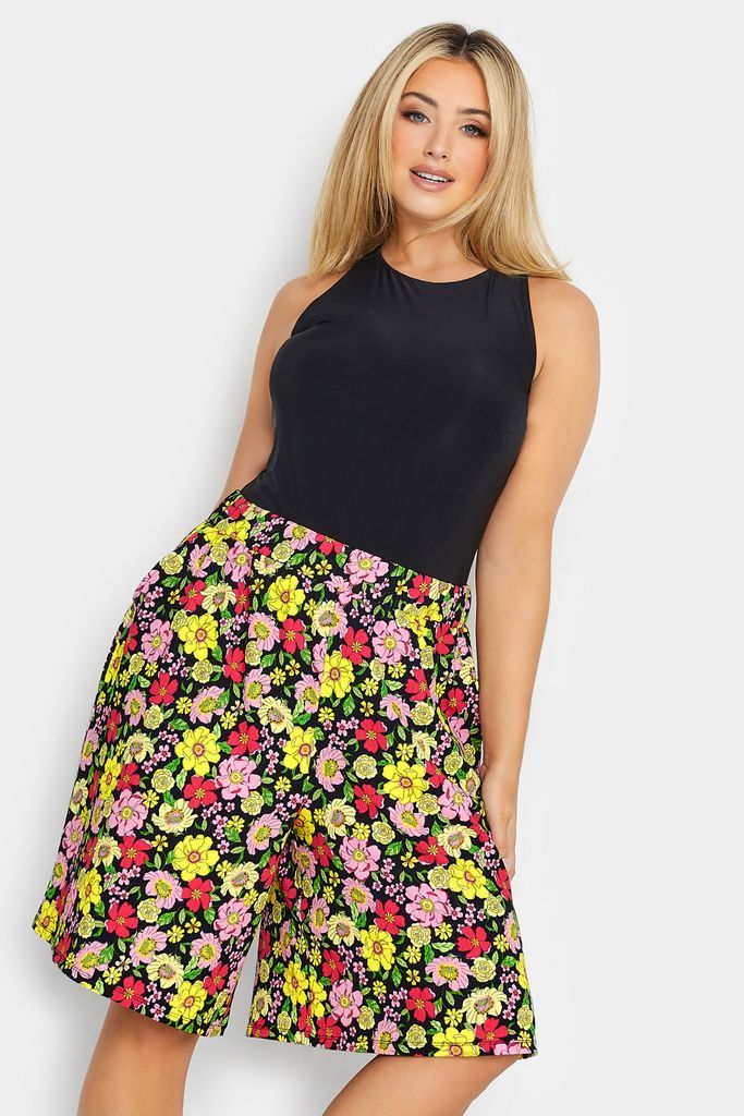 Curve Black & Yellow Floral Print Pull On Shorts, Women's Curve & Plus Size, Yours