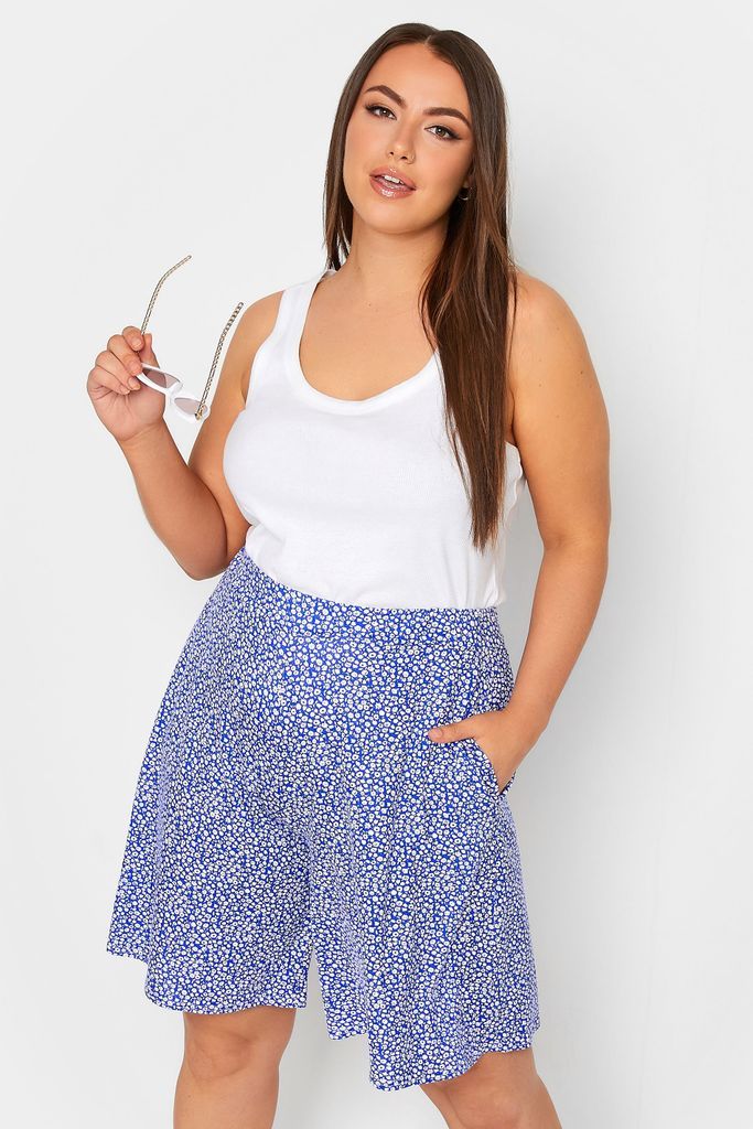 Curve Blue Ditsy Print Jersey Shorts, Women's Curve & Plus Size, Yours