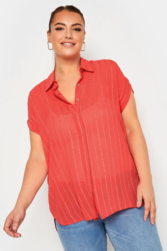 Curve Coral Pink Short Sleeve Stripe Shirt, Women's Curve & Plus Size, Yours