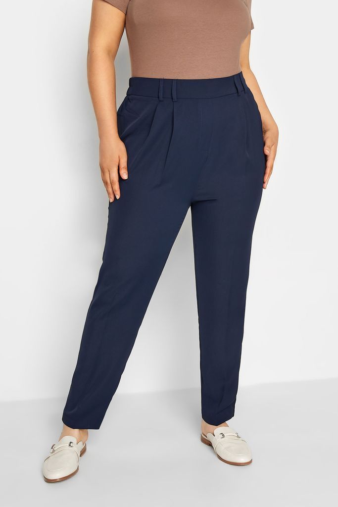 Curve Navy Blue Double Belted Tapered Trousers, Women's Curve & Plus Size, Yours