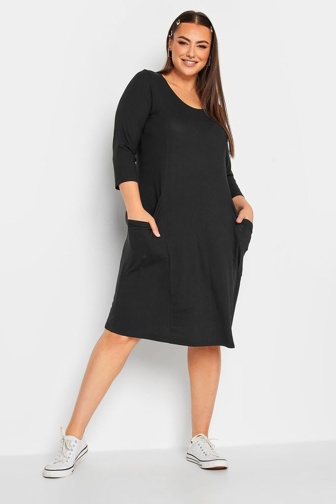 Curve Black 3/4 Sleeve Drape Pocket Dress, Women's Curve & Plus Size, Yours For Good