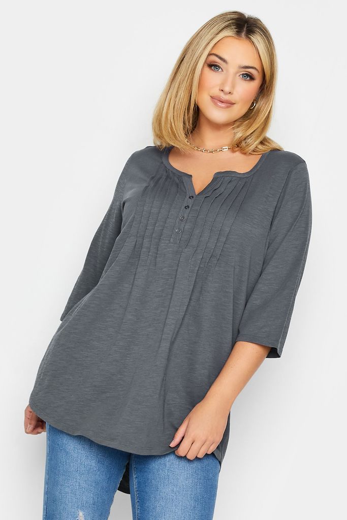 Curve Grey Pintuck Button Henley Tshirt, Women's Curve & Plus Size, Yours