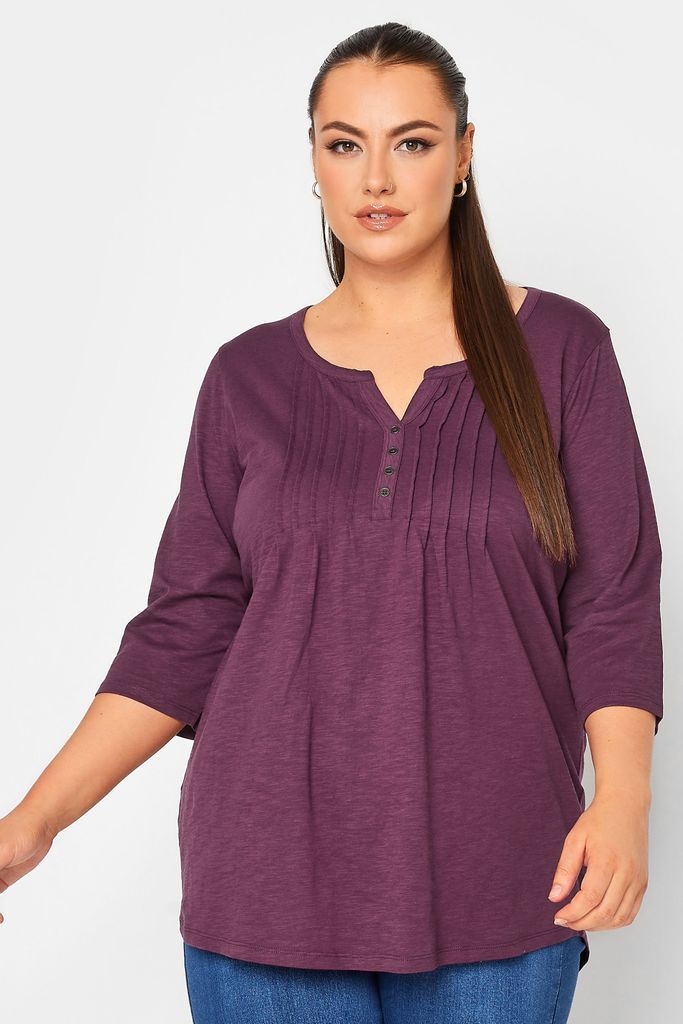 Curve Purple Pintuck Button Henley Tshirt, Women's Curve & Plus Size, Yours