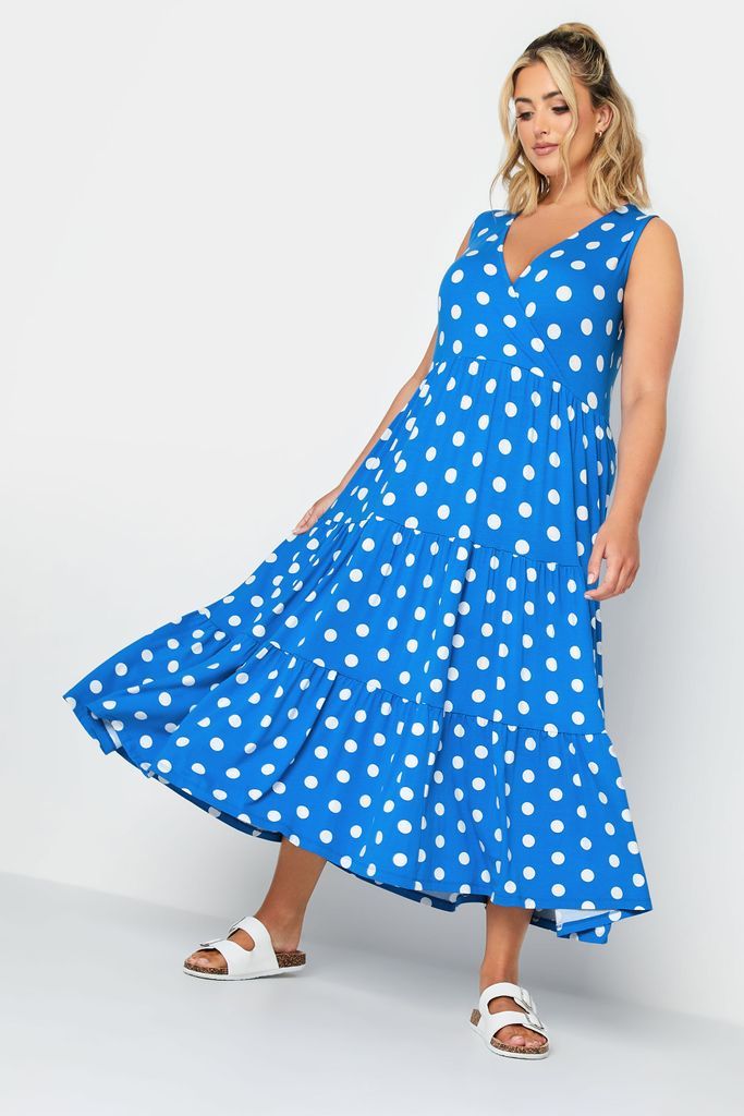 Curve Cobalt Blue Polka Dot Print Sleeveless Midi Dress, Women's Curve & Plus Size, Yours