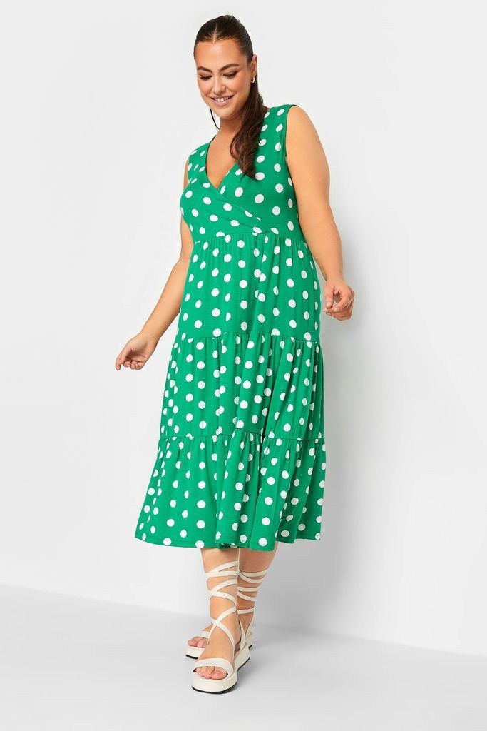 Curve Green Polka Dot Print Sleeveless Midi Dress, Women's Curve & Plus Size, Yours