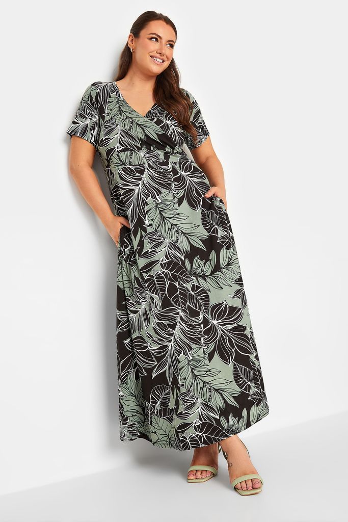 Curve Black Leaf Print Wrap Midaxi Dress, Women's Curve & Plus Size, Yours