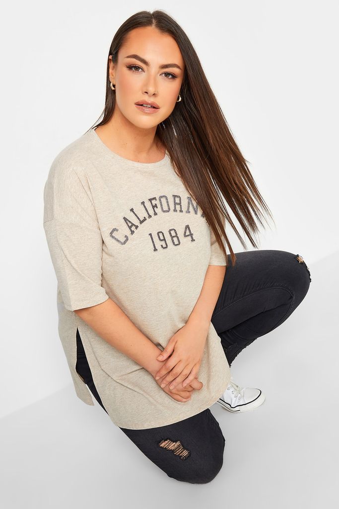 Curve Beige Brown 'California' Glitter Embossed Tshirt, Women's Curve & Plus Size, Yours