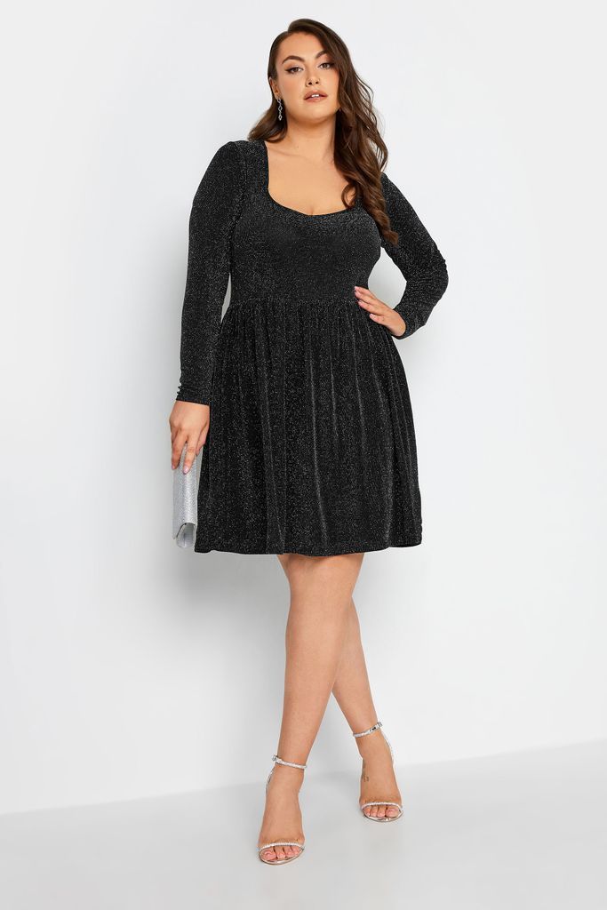 Curve Black & Silver Glitter Sweetheart Neck Dress, Women's Curve & Plus Size, Limited Collection