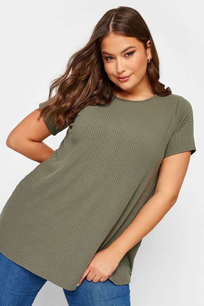 Curve Khaki Green Ribbed Swing Tshirt, Women's Curve & Plus Size, Yours